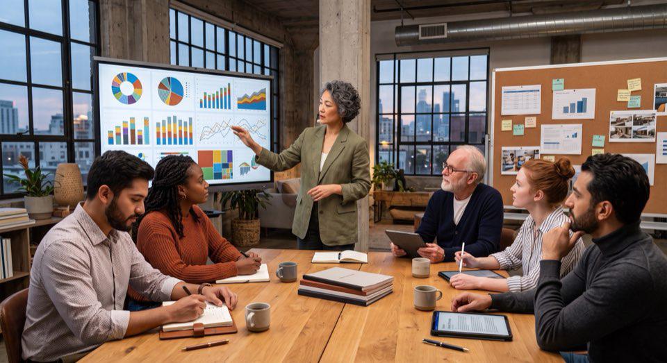 A presenter walking a team through data charts and analysis in a conference room