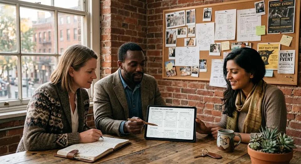 Three colleagues reviewing a shortlist together at a table